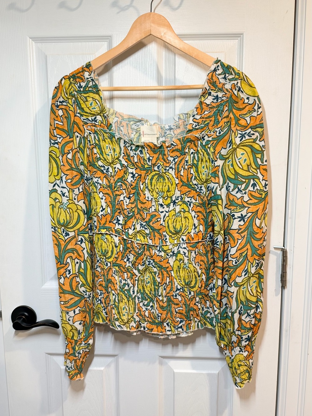 Anthropologie Rayna Smocked Floral Blouse Square Neck Puff Sleeve Boho - Picture 6 of 9